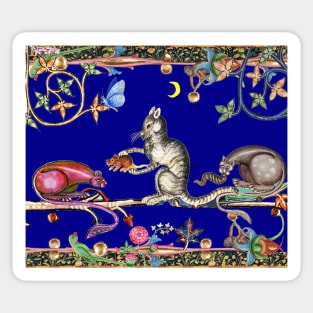 WEIRD MEDIEVAL BESTIARY THREE HUNTER CATS AND MOUSE IN BLUE NIGHT Sticker